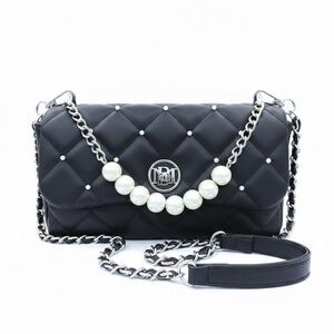 Badgley Mischka Black Quilted Pearl Crossbody Bag with Silver-Tone Hardware